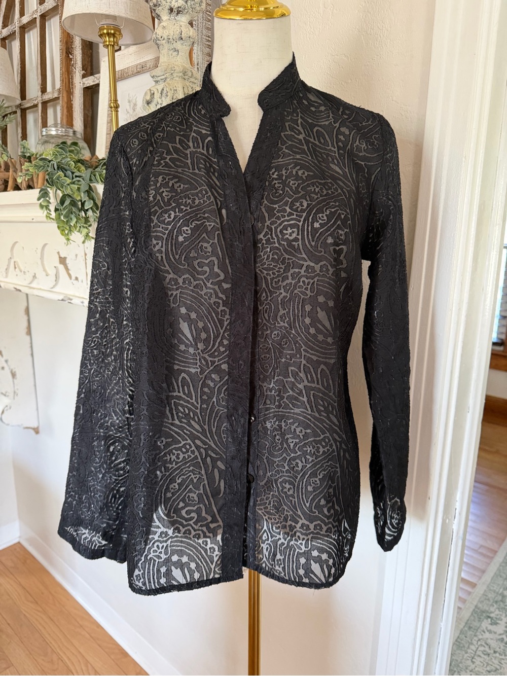Vintage Black Lace Sheer Button-Front Women's Top